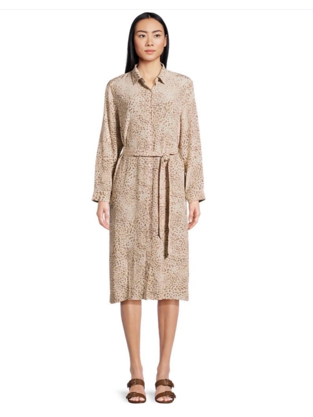 Long-Sleeve Beige Animal Print Shirt Dress with Waist Tie Time and Tru Medium